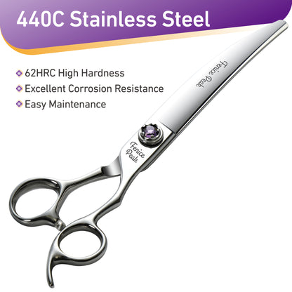 Violet & Silver Dog Grooming Scissors & Set, Straight, Curved, Thinner, Chunker & Eraser, 7 Inch, 440C Steel