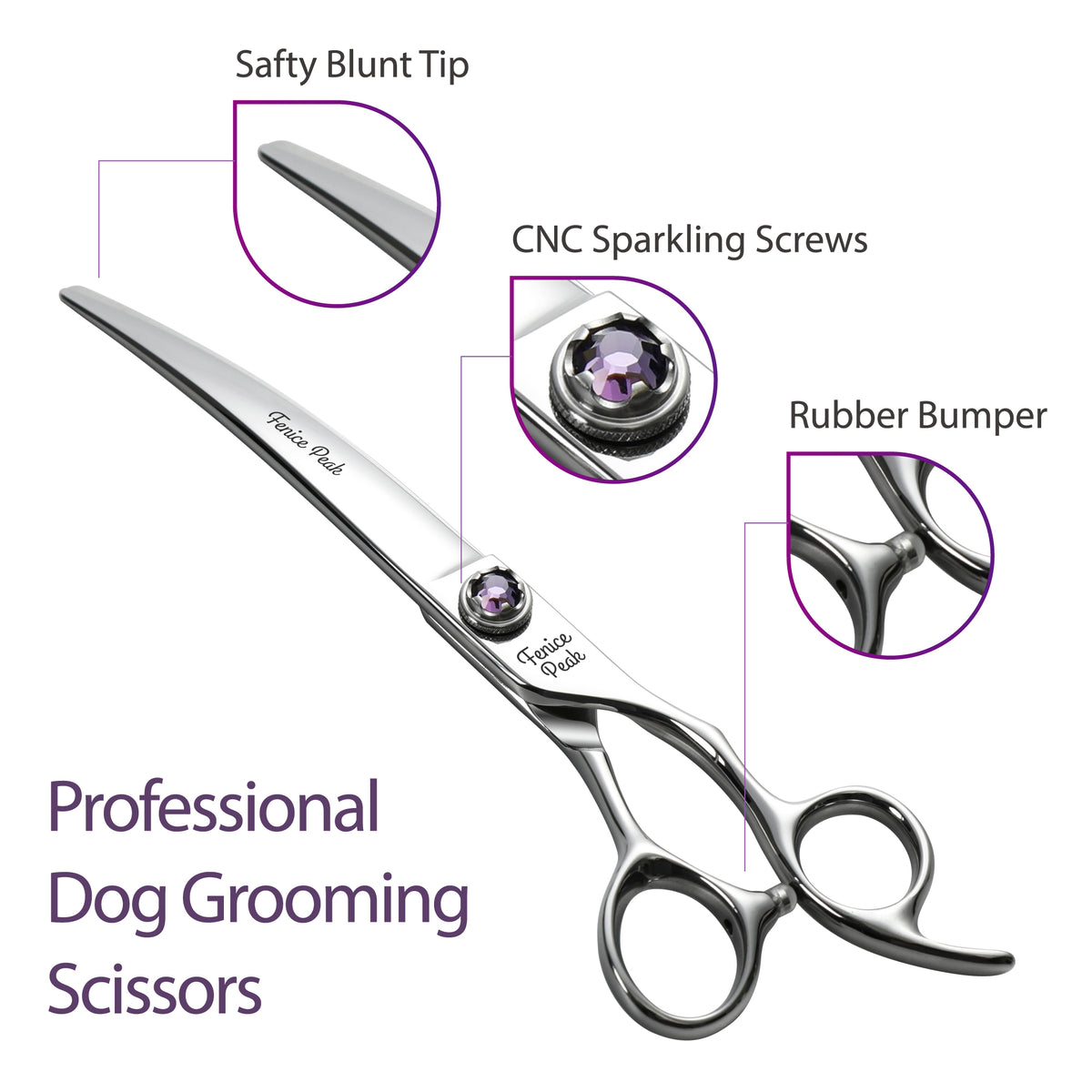 Violet & Silver Dog Grooming Scissors & Set, Straight, Curved, Thinner, Chunker & Eraser, 7 Inch, 440C Steel