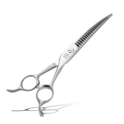 7 Inch Curved Eraser Dog Grooming Scissors, 24/30-Tooth Mark-Free Shears, 70-80% Hair Removal, VG10 Steel
