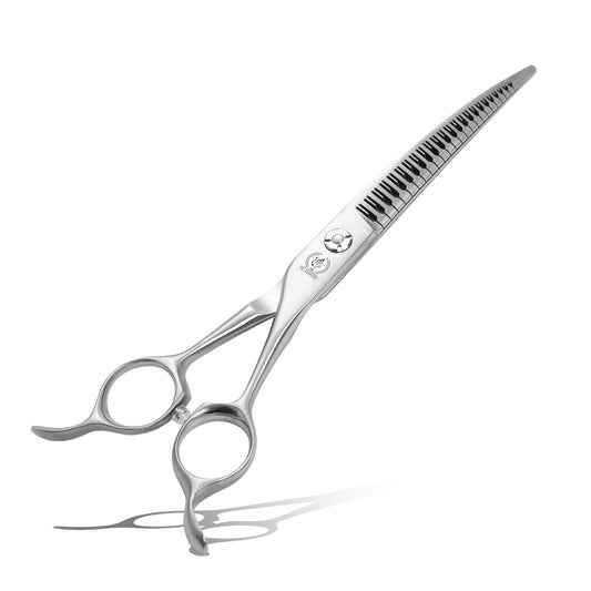 7 Inch Curved Eraser Dog Grooming Scissors, 24/30-Tooth Mark-Free Shears, 70-80% Hair Removal, VG10 Steel