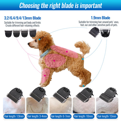 P60 Dog Grooming Clipper, Replacement Blades & Charger, 3-Speed Low Noise Cordless Pet Trimmer