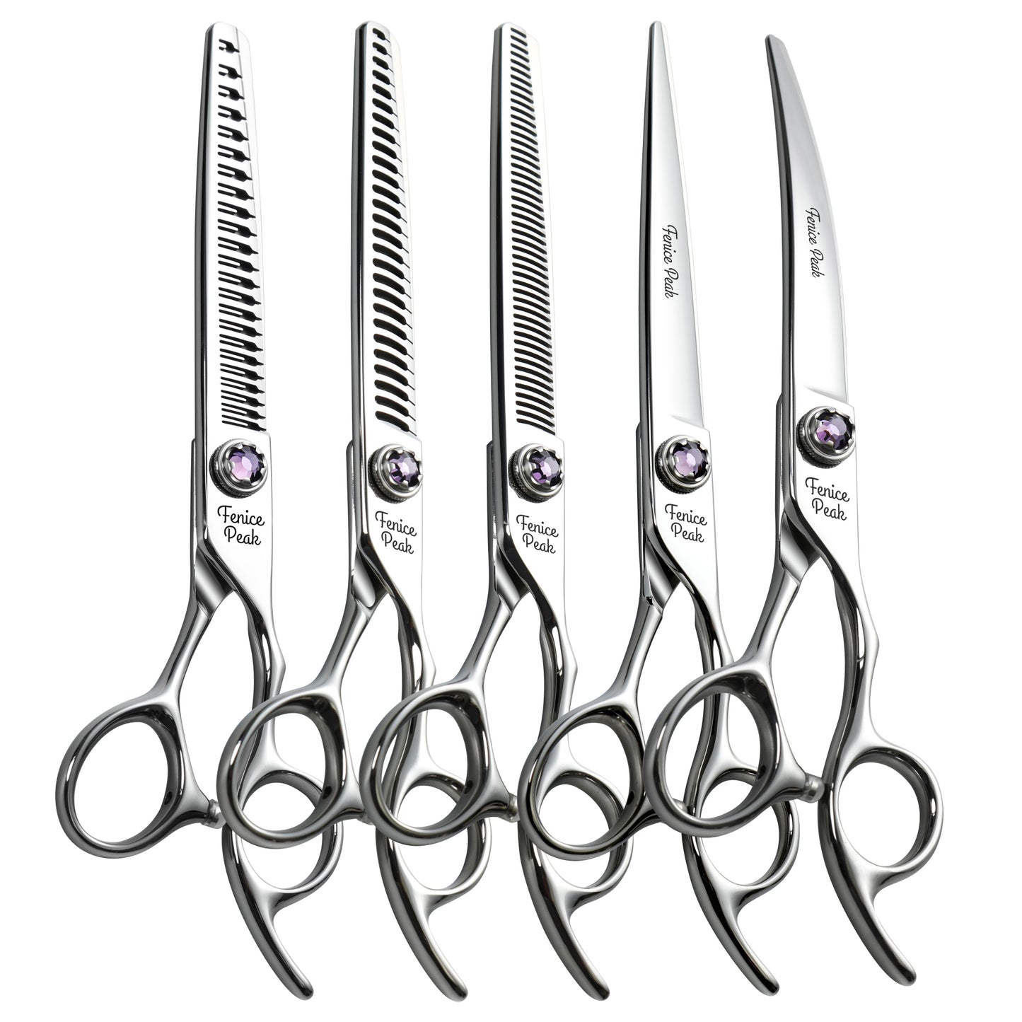 Violet & Silver Dog Grooming Scissors & Set, Straight, Curved, Thinner, Chunker & Eraser, 7 Inch, 440C Steel