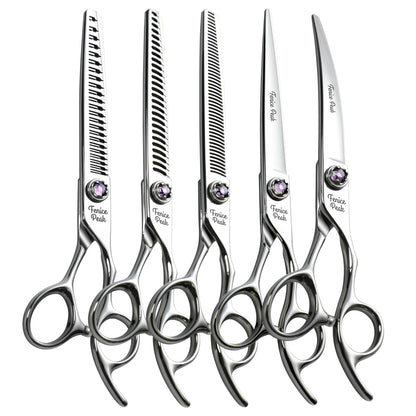 Violet & Silver Dog Grooming Scissors & Set, Straight, Curved, Thinner, Chunker & Eraser, 7 Inch, 440C Steel