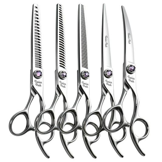 Violet & Silver Dog Grooming Scissors & Set, Straight, Curved, Thinner, Chunker & Eraser, 7 Inch, 440C Steel