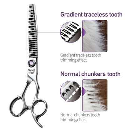 Violet & Silver Dog Grooming Scissors & Set, Straight, Curved, Thinner, Chunker & Eraser, 7 Inch, 440C Steel