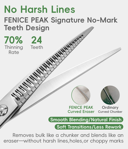 7 Inch Curved Eraser Dog Grooming Scissors, 24/30-Tooth Mark-Free Shears, 70-80% Hair Removal, VG10 Steel