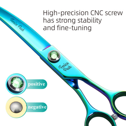 Green Dog Grooming Scissors & Set, Straight, Curved, Thinner & Chunker, 7/7.5 Inch, 440C Steel