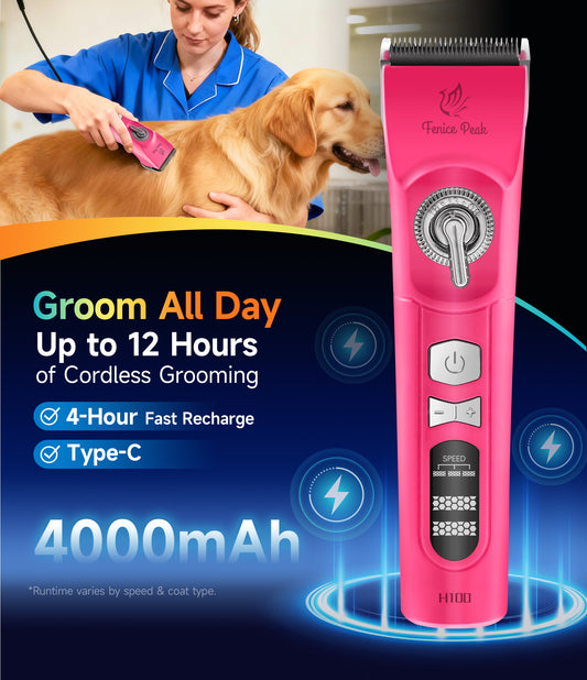 H100 Professional Dog Grooming Clipper & Replacement Blades, 12-Hour Runtime, 3-Speed Cordless Pet Trimmer