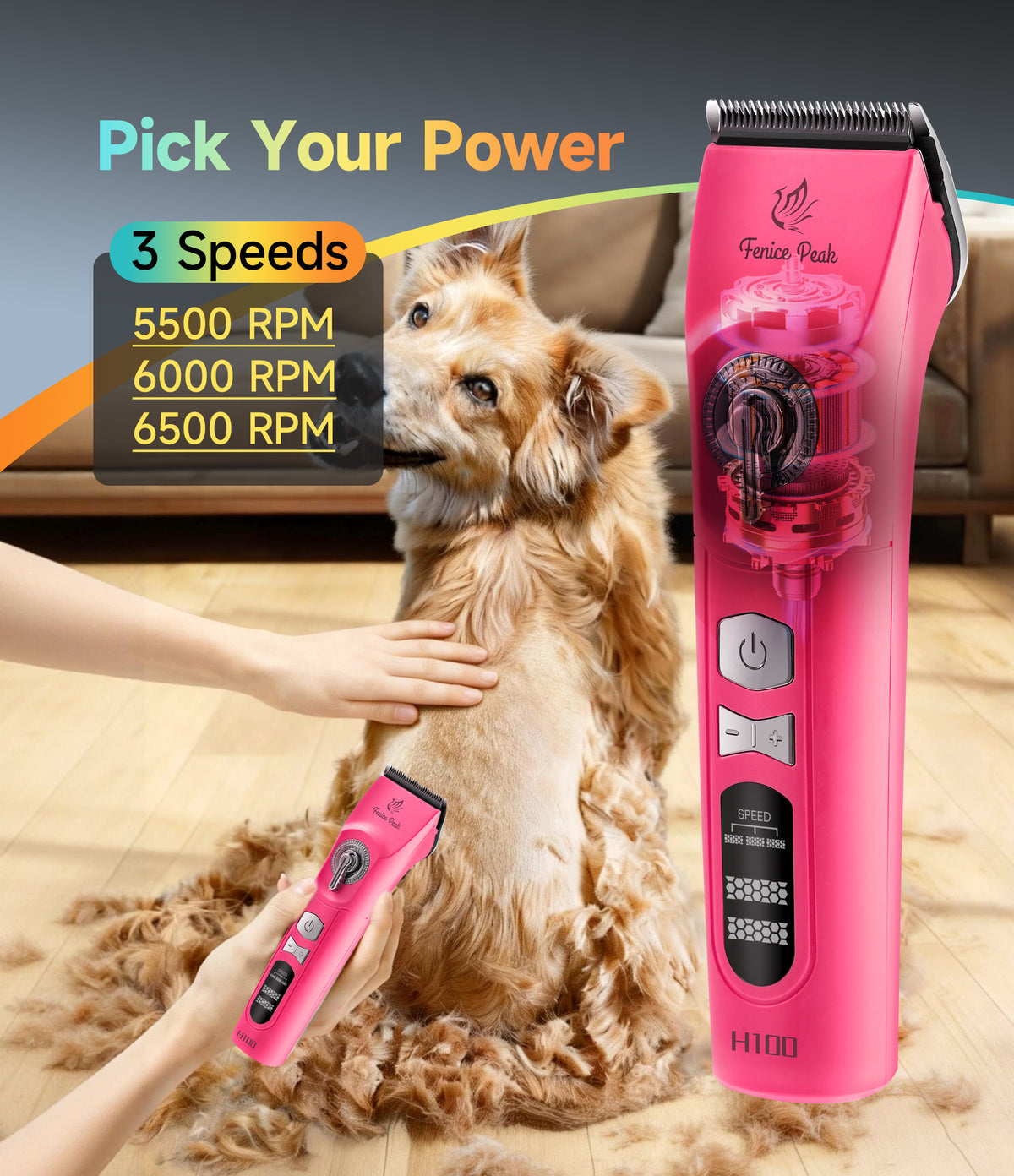 H100 Professional Dog Grooming Clipper & Replacement Blades, 12-Hour Runtime, 3-Speed Cordless Pet Trimmer
