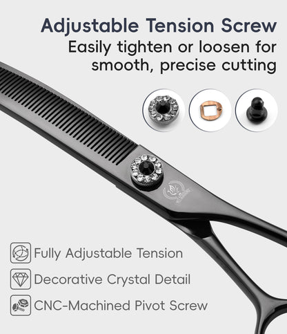 Curved Dog Grooming Scissors, Chunker, Thinner & Fluffer Shears, 7/8 Inch, Japanese 440C Steel