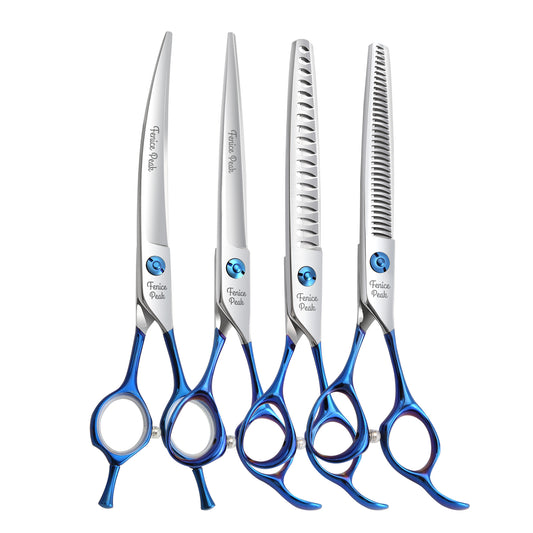 Blue Dog Grooming Scissors & Set, Straight, Curved, Thinner & Chunker, 6.5/7 Inch, 440C Steel