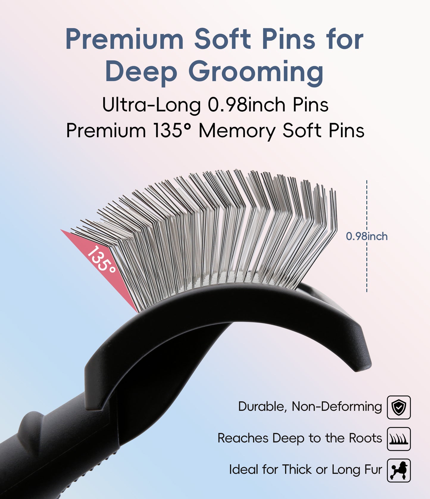 Premium Dog Slicker Brush for Thick Fur, 0.98 Inch Ultra-Long 135° Memory Soft Pins, Non-Slip Handle