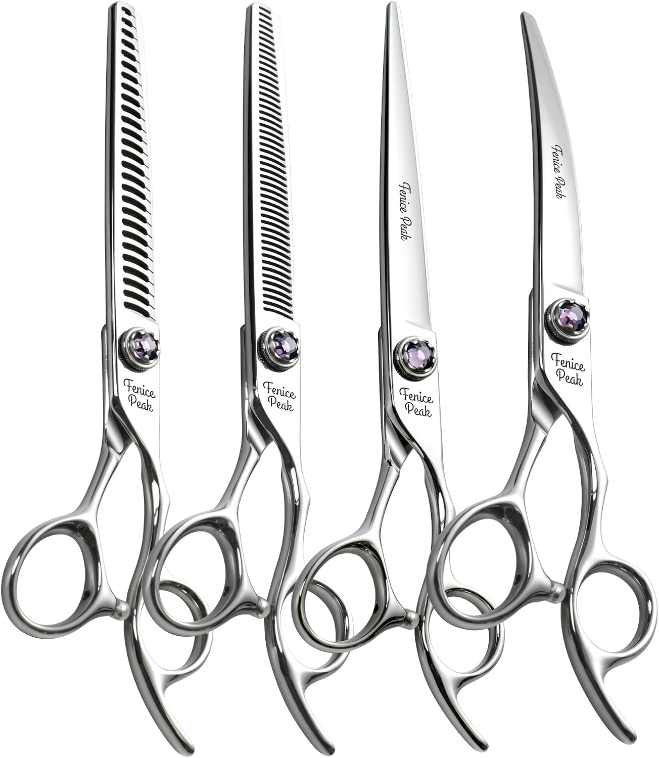 Violet & Silver Dog Grooming Scissors & Set, Straight, Curved, Thinner, Chunker & Eraser, 7 Inch, 440C Steel