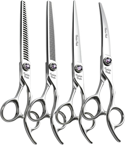 Violet & Silver Dog Grooming Scissors & Set, Straight, Curved, Thinner, Chunker & Eraser, 7 Inch, 440C Steel