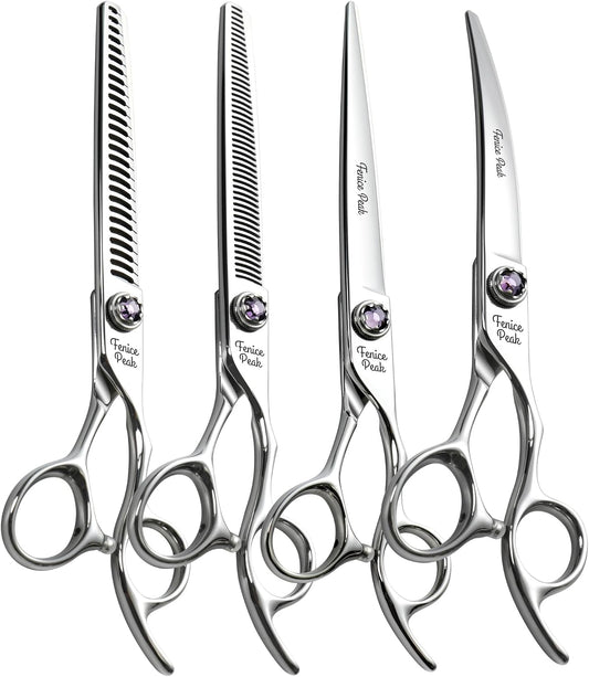 Violet & Silver Dog Grooming Scissors & Set, Straight, Curved, Thinner, Chunker & Eraser, 7 Inch, 440C Steel