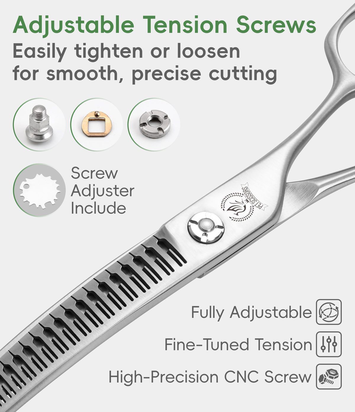 7 Inch Curved Eraser Dog Grooming Scissors, 24/30-Tooth Mark-Free Shears, 70-80% Hair Removal, VG10 Steel