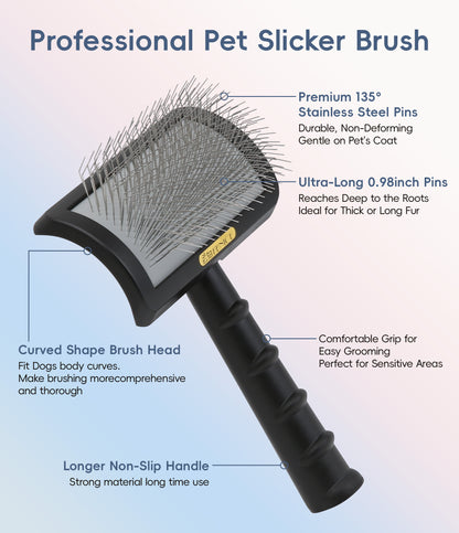 Premium Dog Slicker Brush for Thick Fur, 0.98 Inch Ultra-Long 135° Memory Soft Pins, Non-Slip Handle