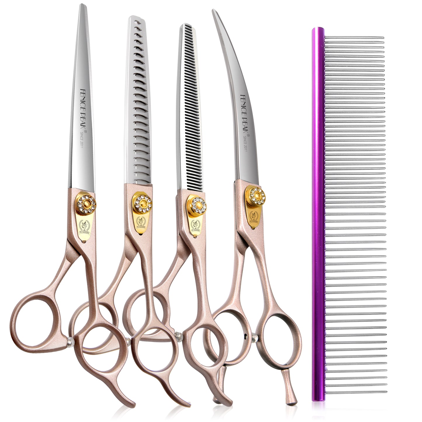 Champagne Gold Dog Grooming Scissors & Sets, Straight, Curved, Thinner & Chunker, 7/7.5/8 Inch, 440C Steel