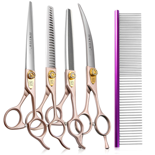 Champagne Gold Dog Grooming Scissors & Sets, Straight, Curved, Thinner & Chunker, 7/7.5/8 Inch, 440C Steel