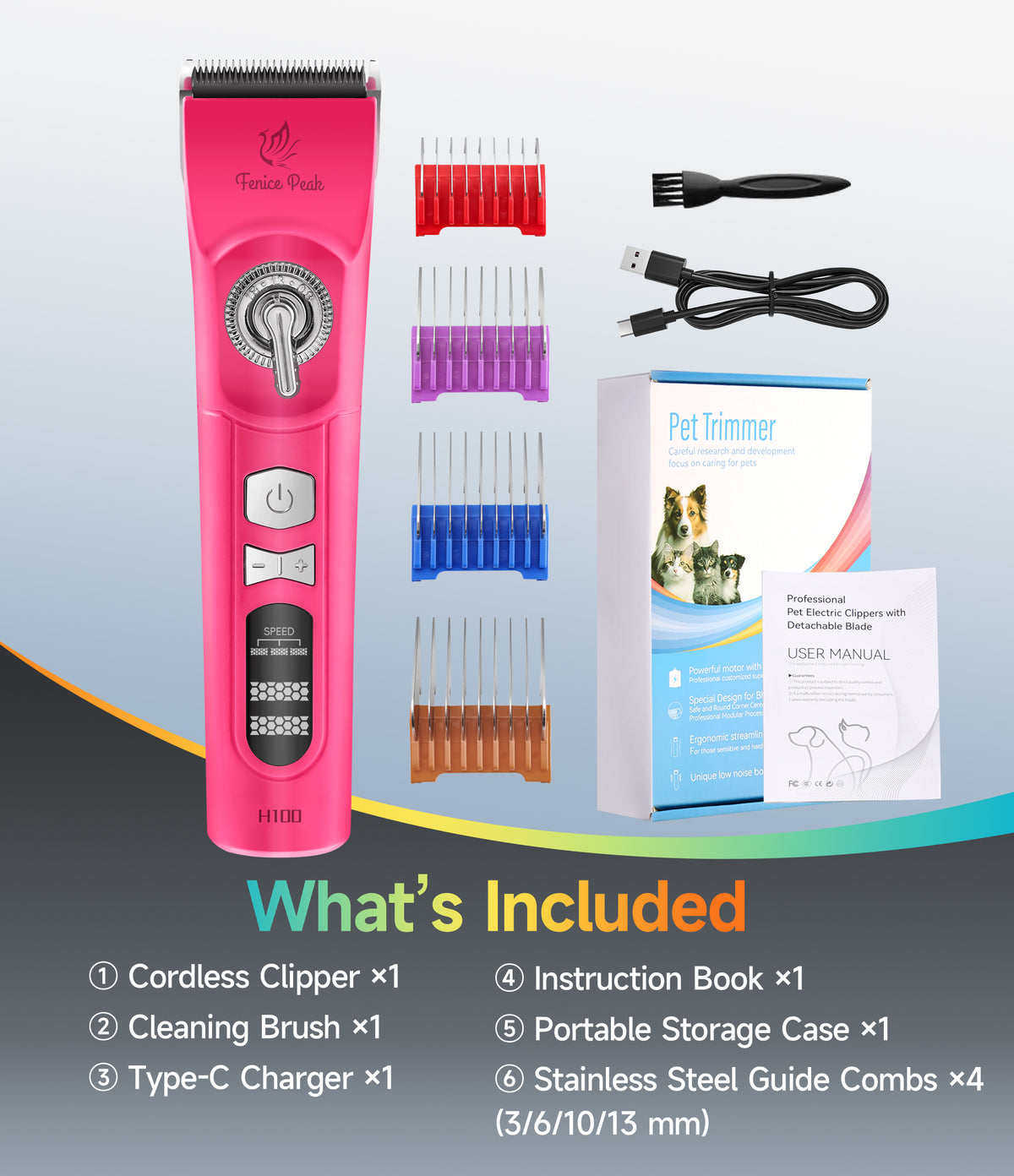 H100 Professional Dog Grooming Clipper & Replacement Blades, 12-Hour Runtime, 3-Speed Cordless Pet Trimmer