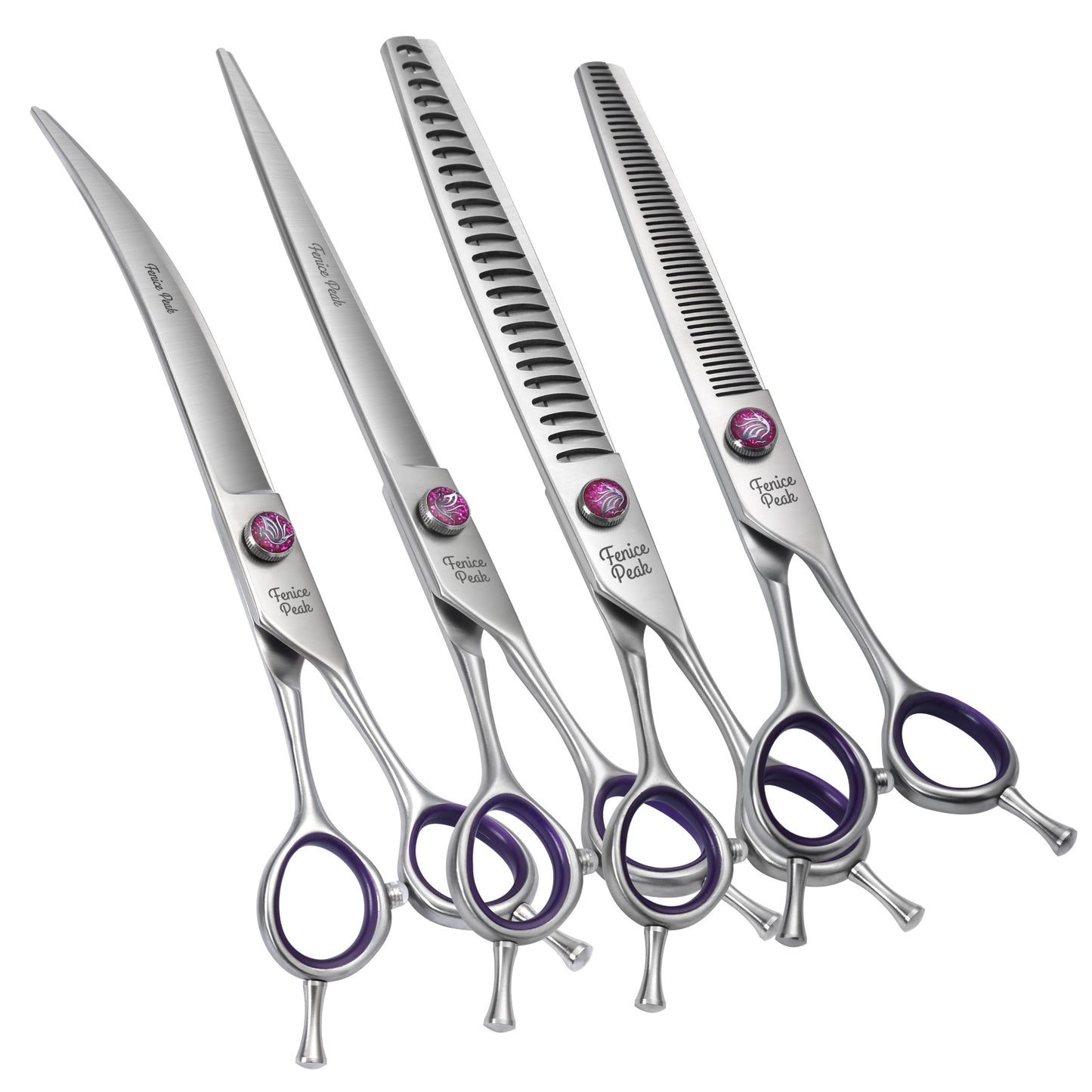 Violet & Silver Dog Grooming Scissors & Sets, Straight, Curved, Thinner & Chunker, 7/7.5/8 Inch, 440C Steel
