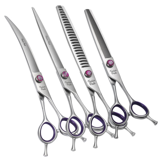 Violet & Silver Dog Grooming Scissors & Sets, Straight, Curved, Thinner & Chunker, 7/7.5/8 Inch, 440C Steel